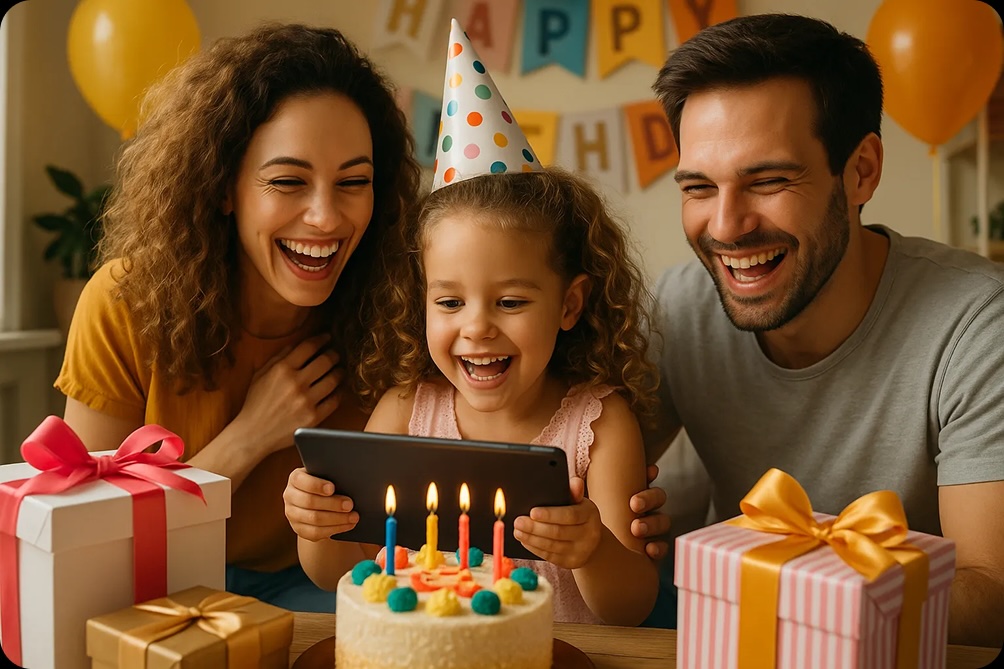Family watching their child's birthday movie on a tablet