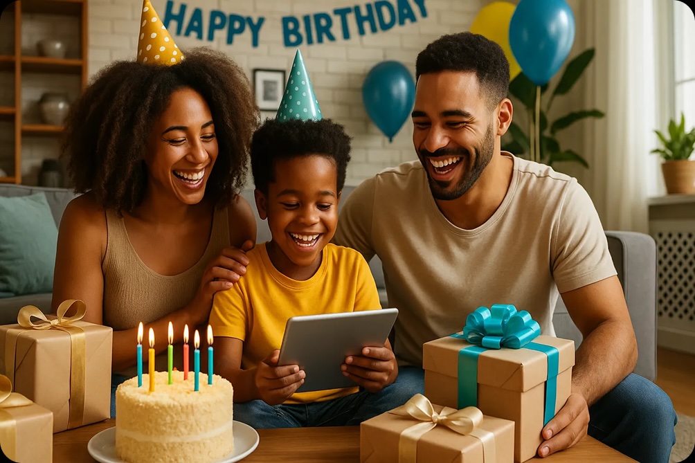 Family celebrating a birthday with a personalized movie
